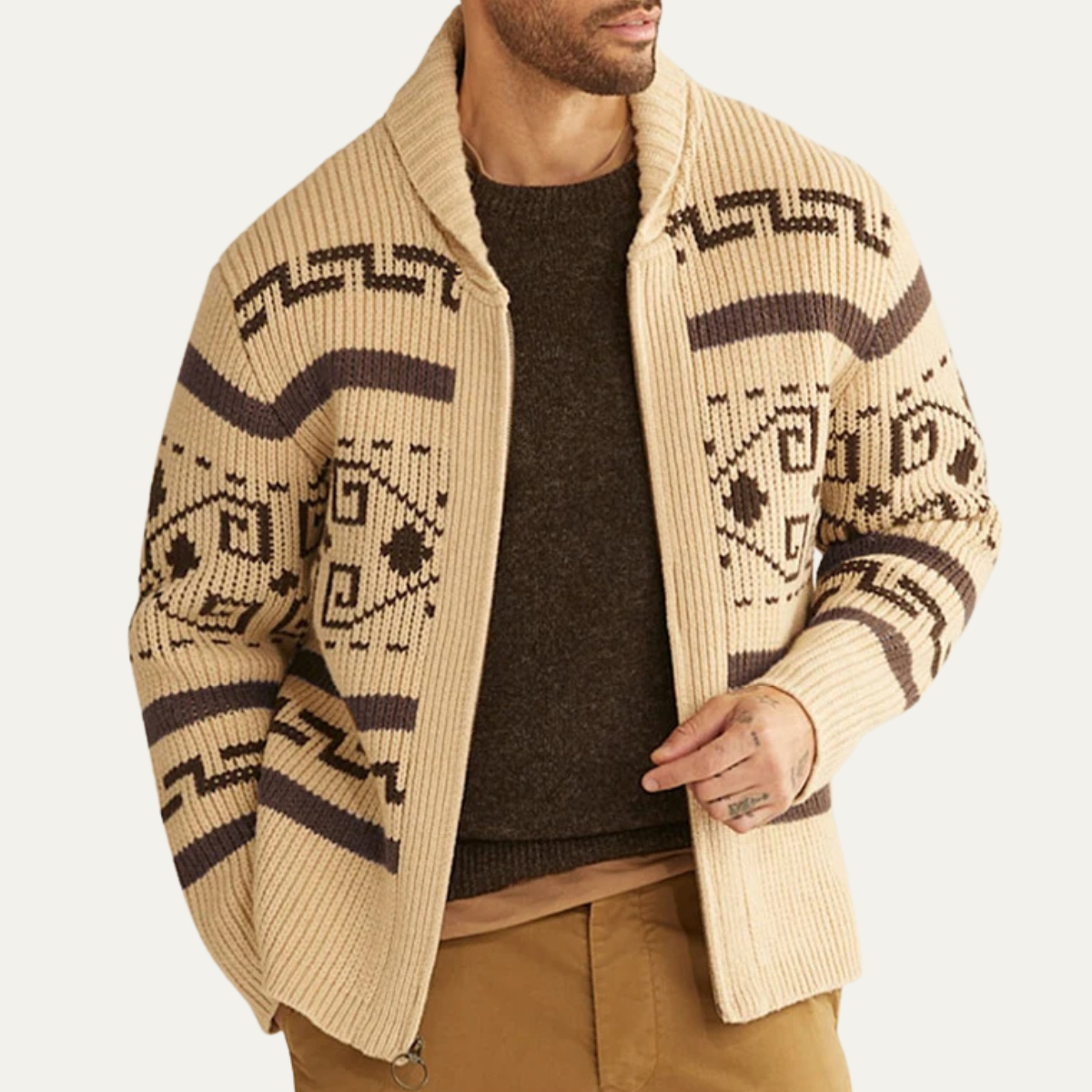 Sage | Men's Argyle Crew Neck Sweater Cream Brown