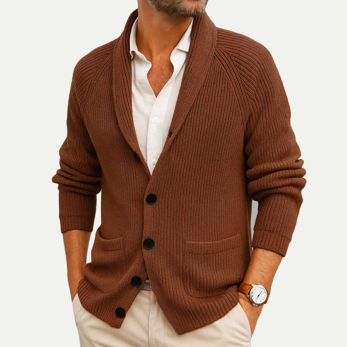 Blake | Men's Cream Ribbed Knit Cardigan Button Up Shawl Collar