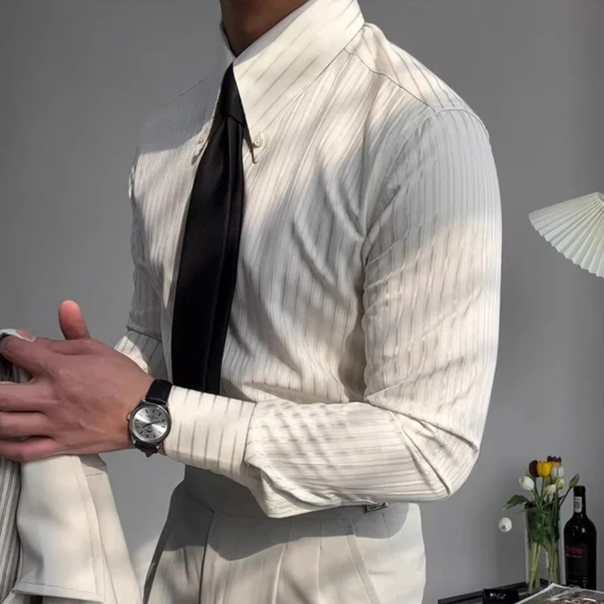 Jasper | Men's Cream Pinstripe Button Up Dress Shirt Long Sleeve