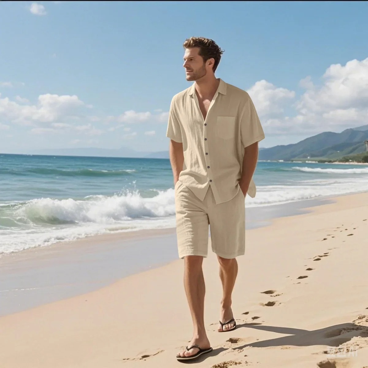 Beau | Men's Casual Linen Shirt Shorts Set Gray