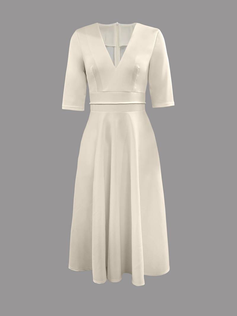 Margot | Women's A Line Midi Dress Cream V Neck Three Quarter Sleeve