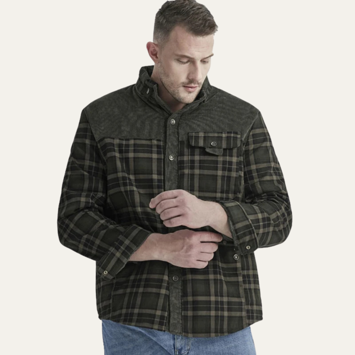 Jasper | Men's Plaid Sherpa Jacket Olive Black With Fleece Lining