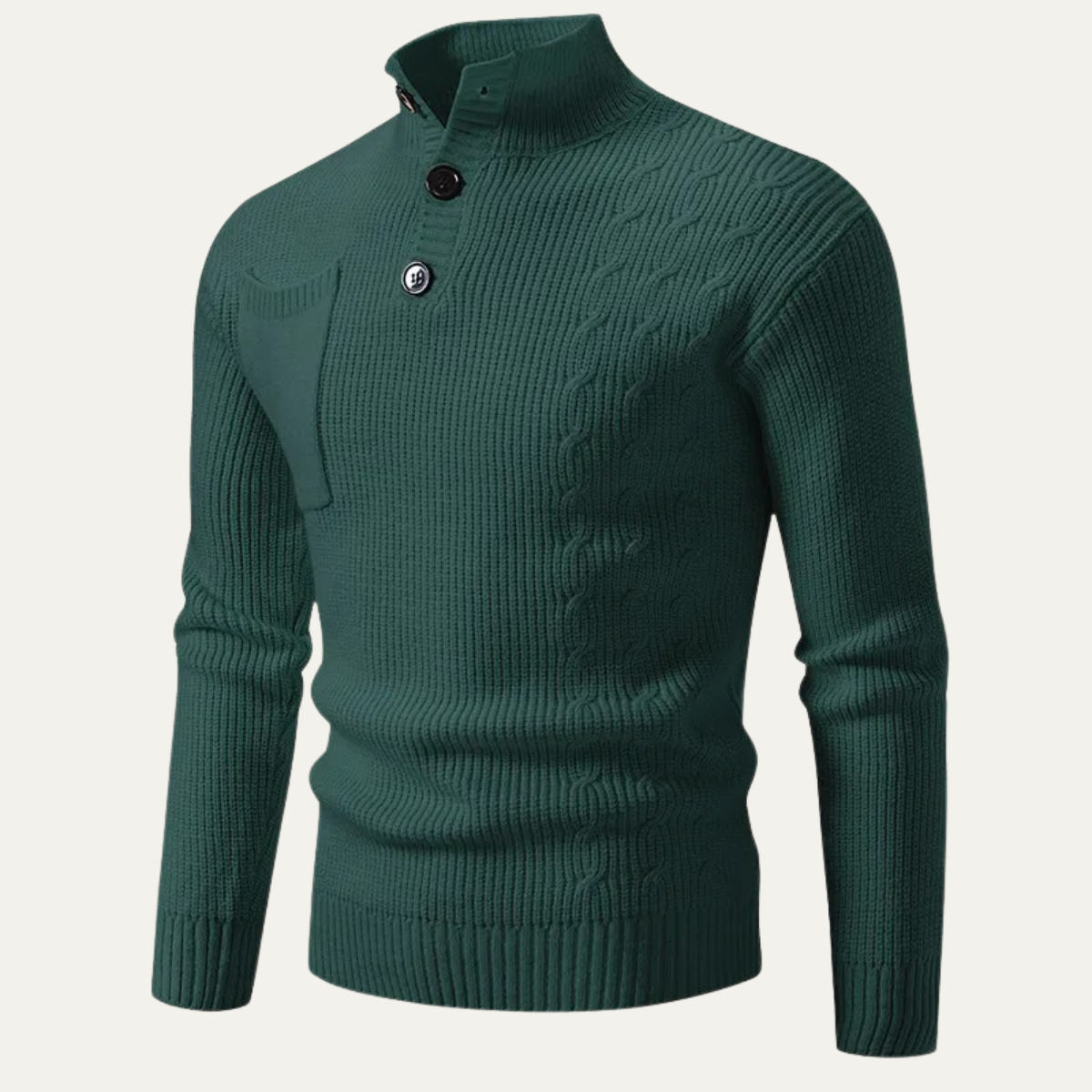 Axel | Men's Cable Knit Sweater Cream Mock Neck Button Detail