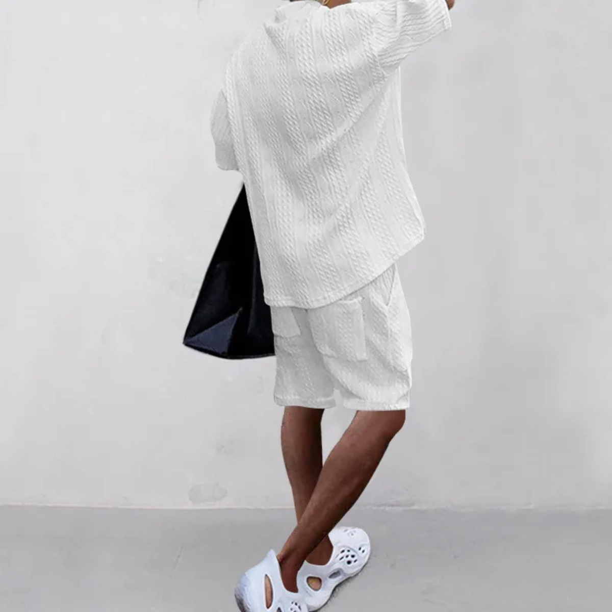 Callum | Men's Sweatsuit Cream Cable Knit V Neck Shorts Set