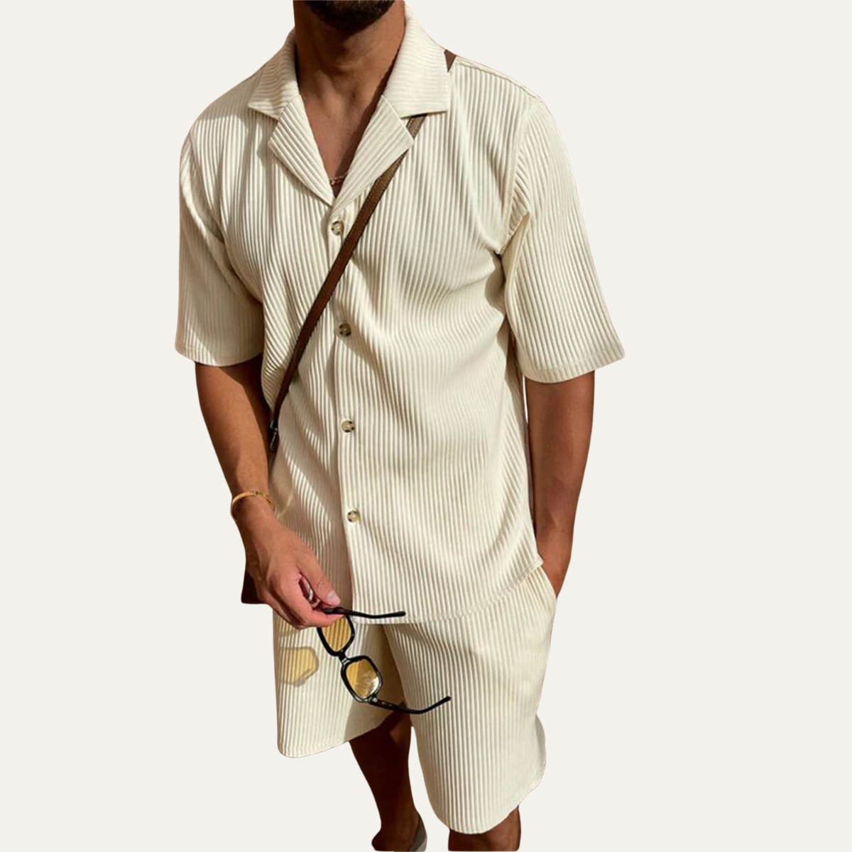 Callum | Men's Sweatsuit Cream Ribbed Short Sleeve