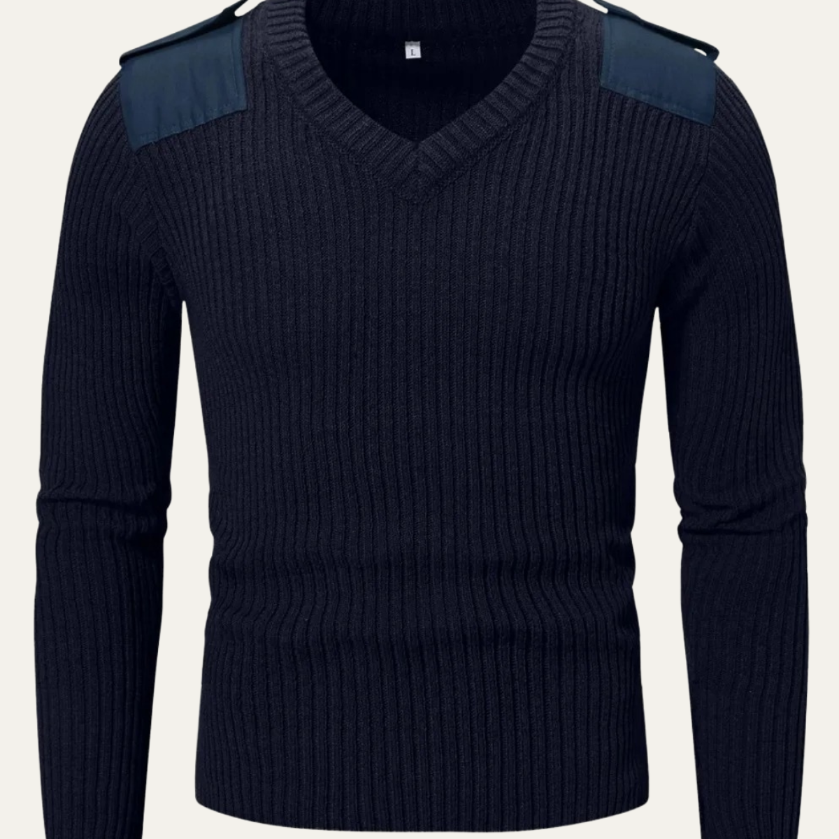 Bram | Men's Ribbed V Neck Sweater Sage Green Shoulder Patch