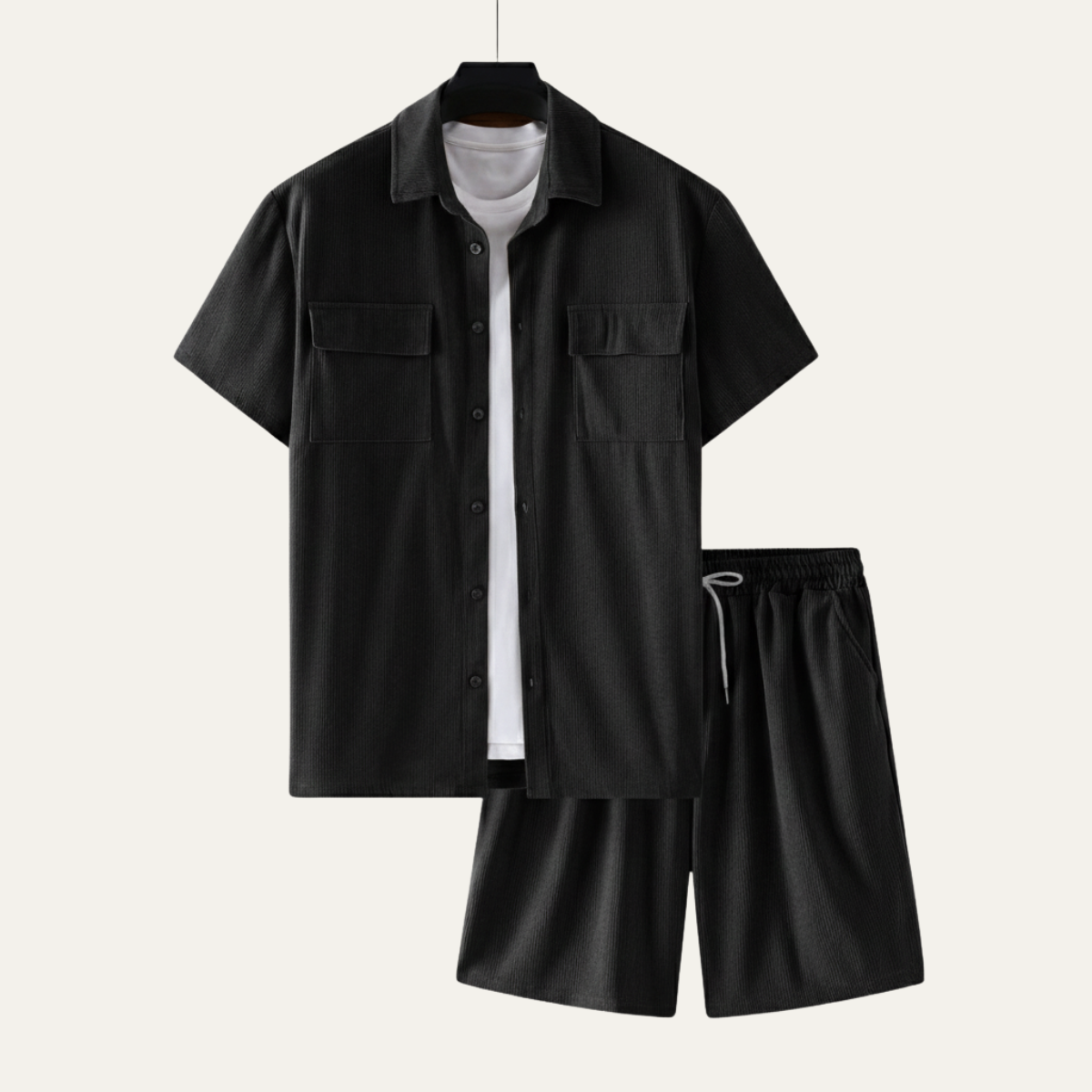 Beau | Men's Casual Corduroy Shorts Set Tan Short Sleeve