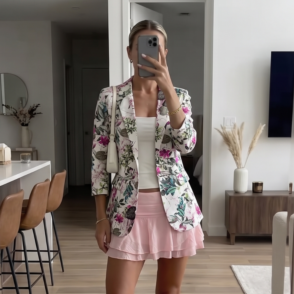 Greta | Women's Floral Print Blazer Navy White Long Sleeve