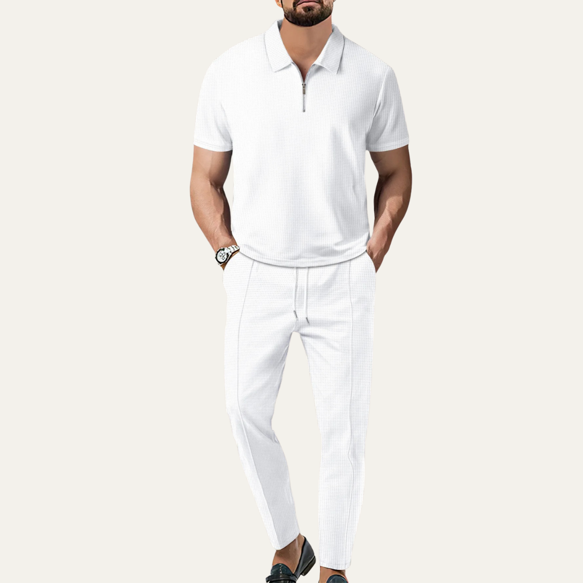 Ezra | Men's Sweatsuit Blue Textured Short Sleeve Zip Polo