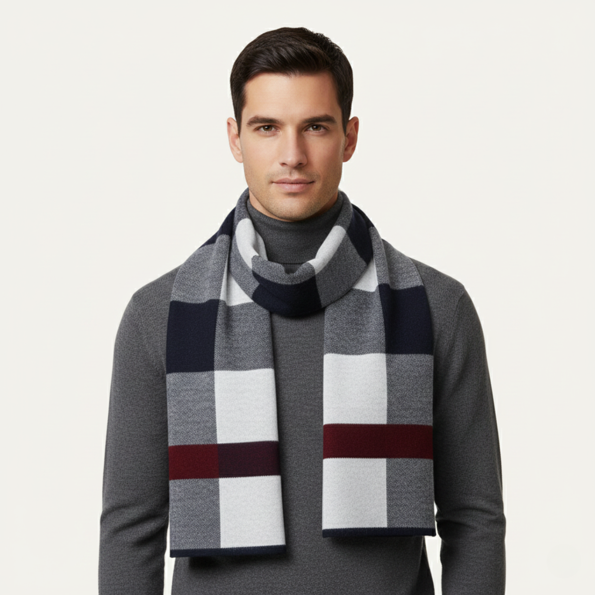 Bram | Men's Plaid Knit Scarf Gray Black Cream