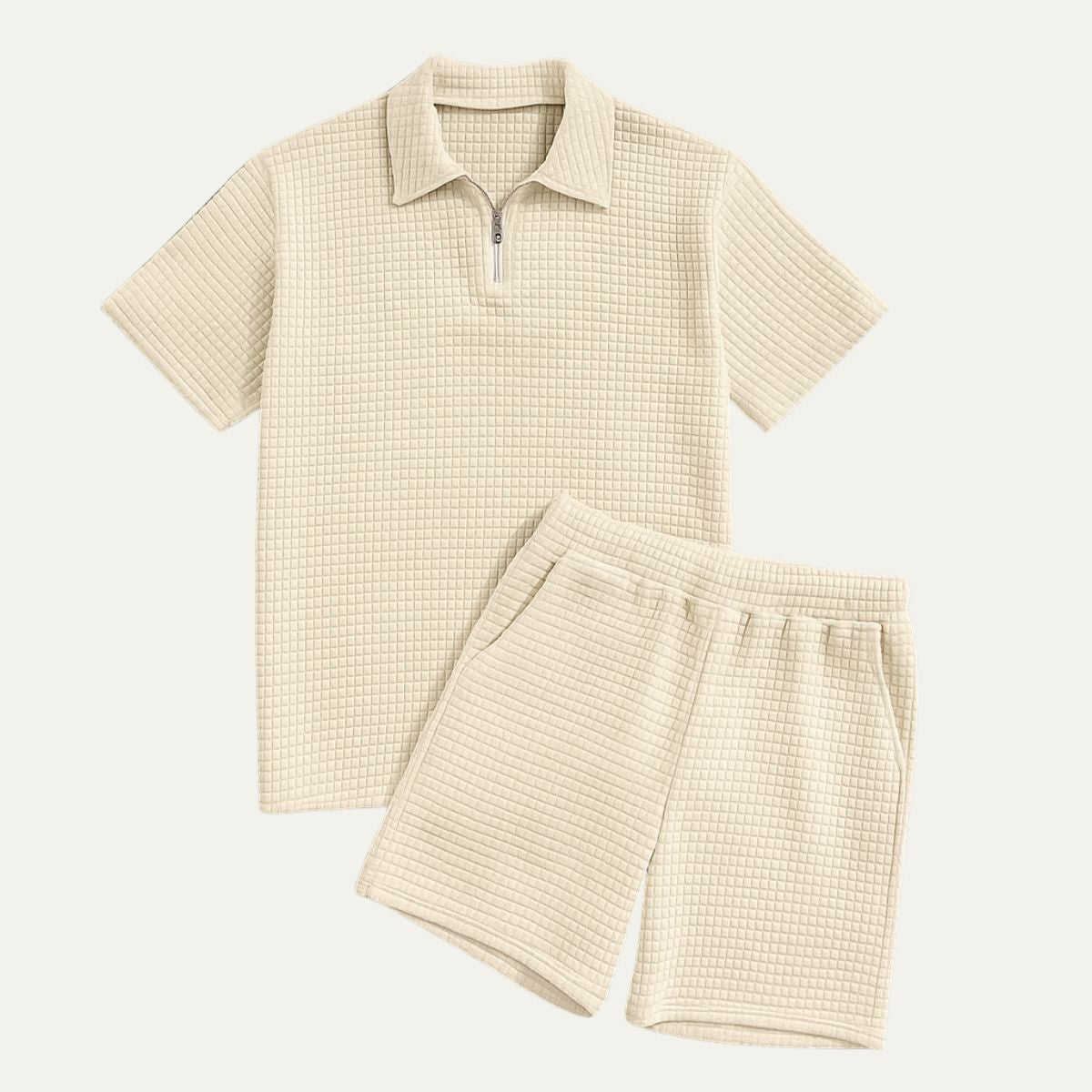 Bram | Men's Sweatsuit Cream Textured Polo Shorts Set