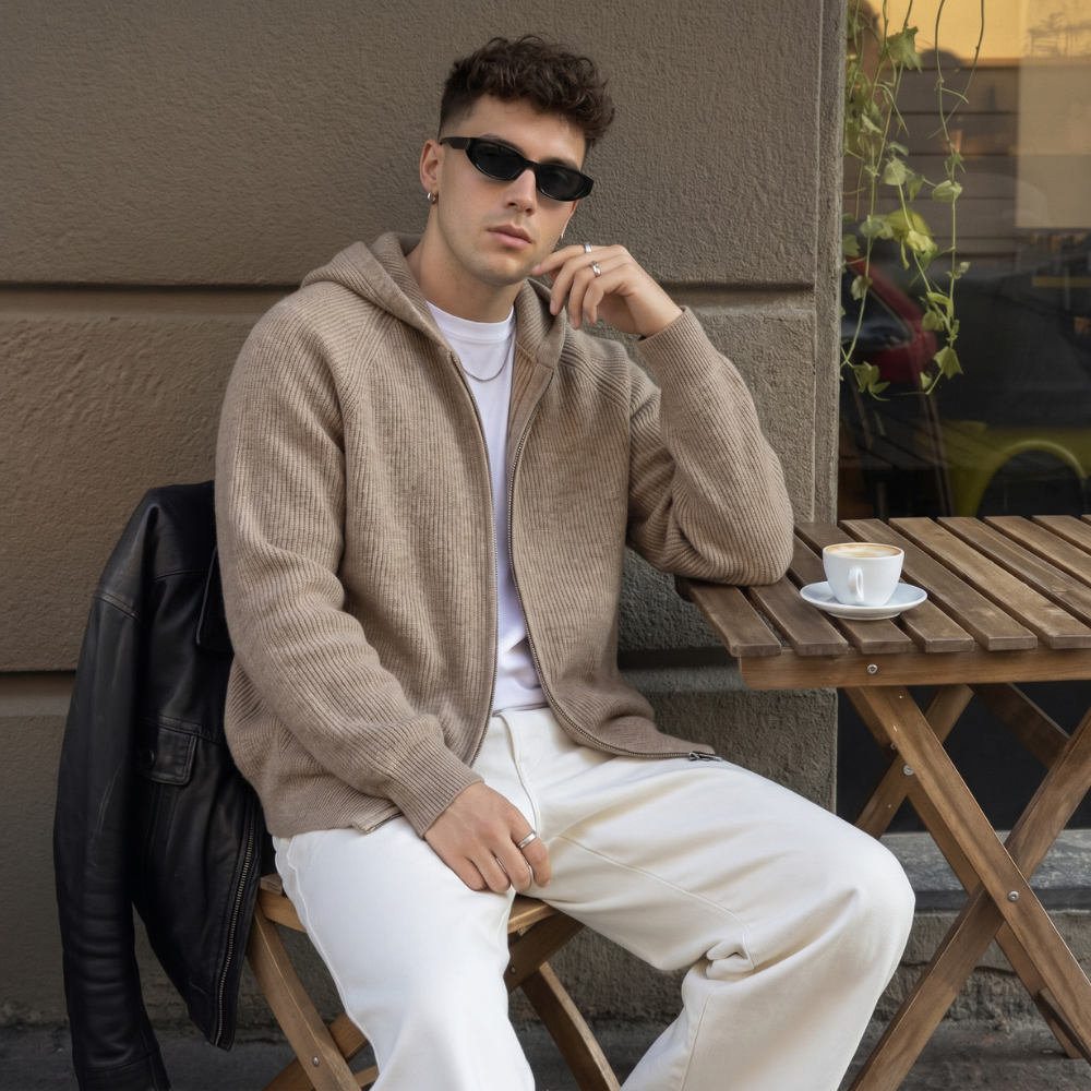Dama Washington Sage men's zip up hoodie cream ribbed knit - view 12