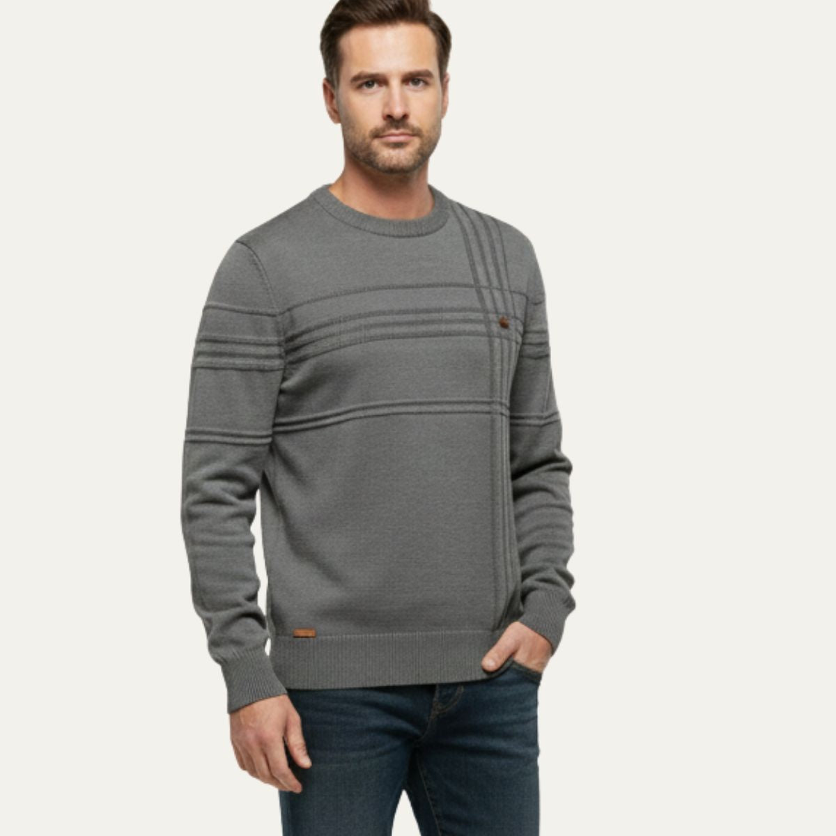 Bram | Men's Crew Neck Sweater Cream Cable Knit Long Sleeve