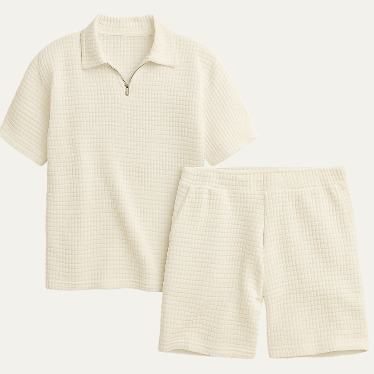 Camille | Men's Knit Shorts Set Cream Waffle Texture