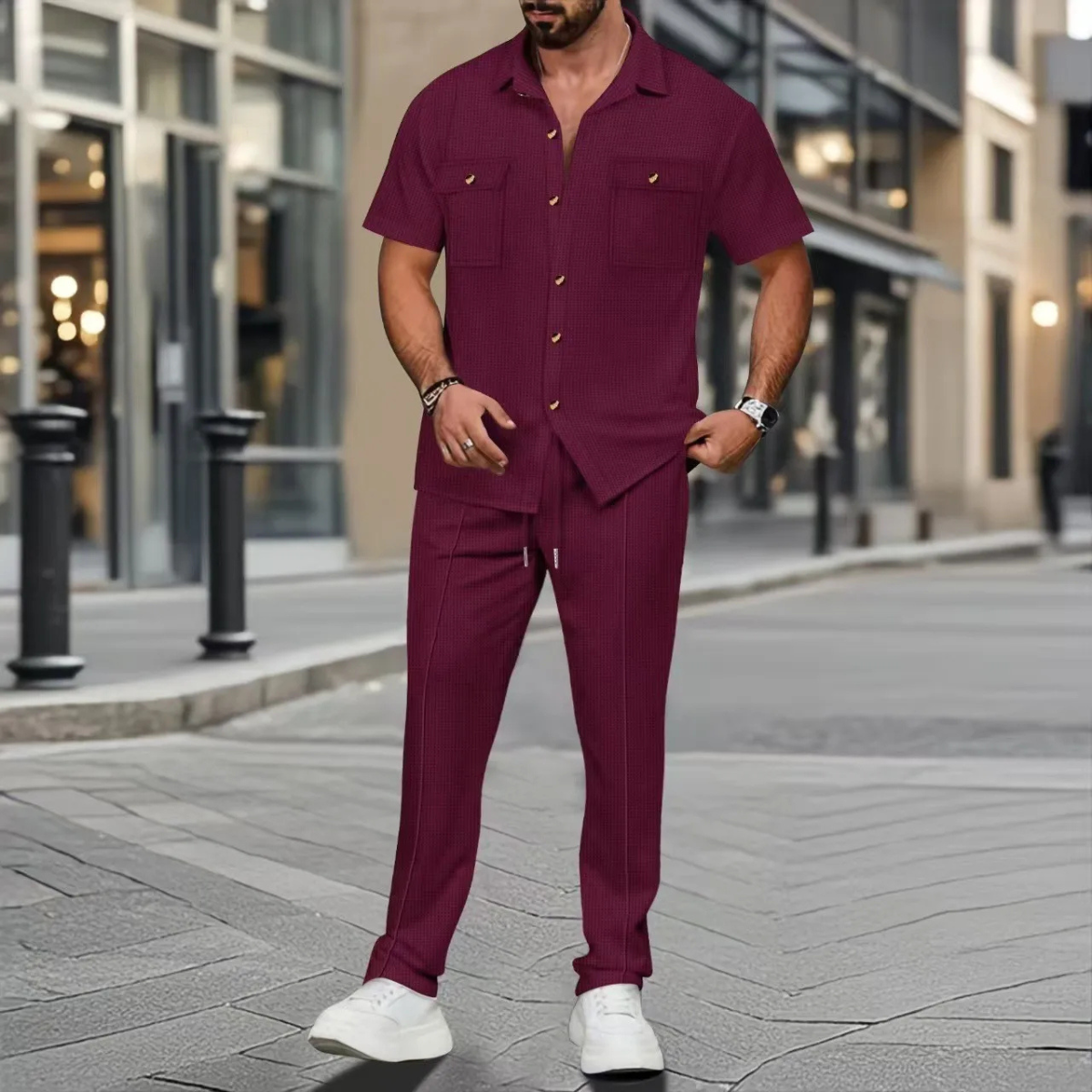 Marco | Men's Casual Linen Matching Set Cream Short Sleeve
