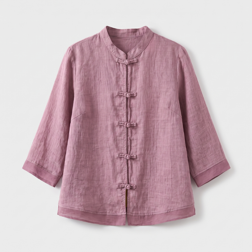 Camille | Women's Linen Shirt Green Mandarin Collar Button Up