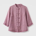 Camille | Women's Linen Shirt Green Mandarin Collar Button Up