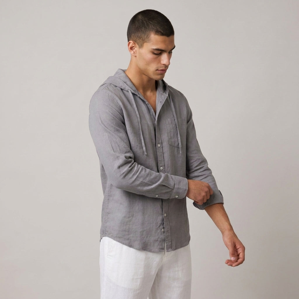 Dama Washington Ezra men's hooded linen shirt Gray - model front view