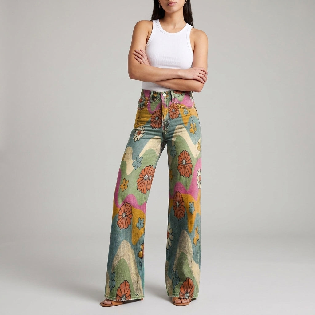 Dama Washington Thea high waisted wide leg pants Waves and Flowers print - full outfit model view