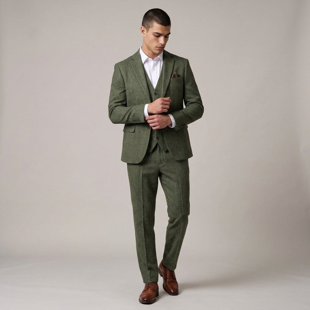 Dama Washington Jasper men's three piece tweed suit Green slim fit - model front view