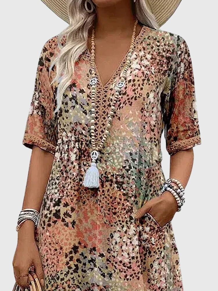 Wren | Women's Floral Midi Dress V Neck Three Quarter Sleeve