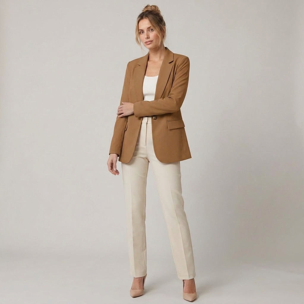 Dama Washington Vera women's tailored single button blazer Brown - model front view