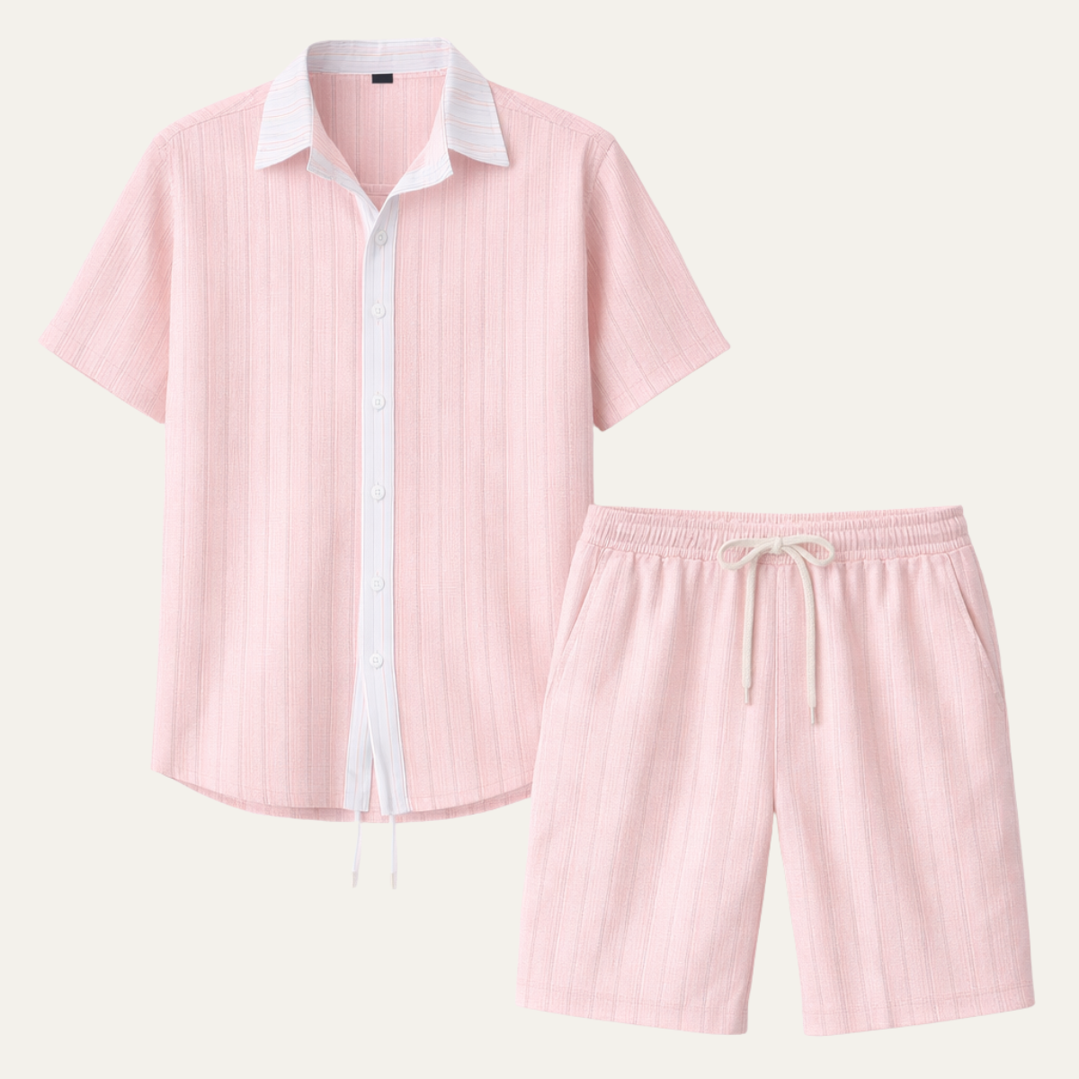 Axel | Men's Casual Textured Short Sleeve Shirt Shorts Set Pink