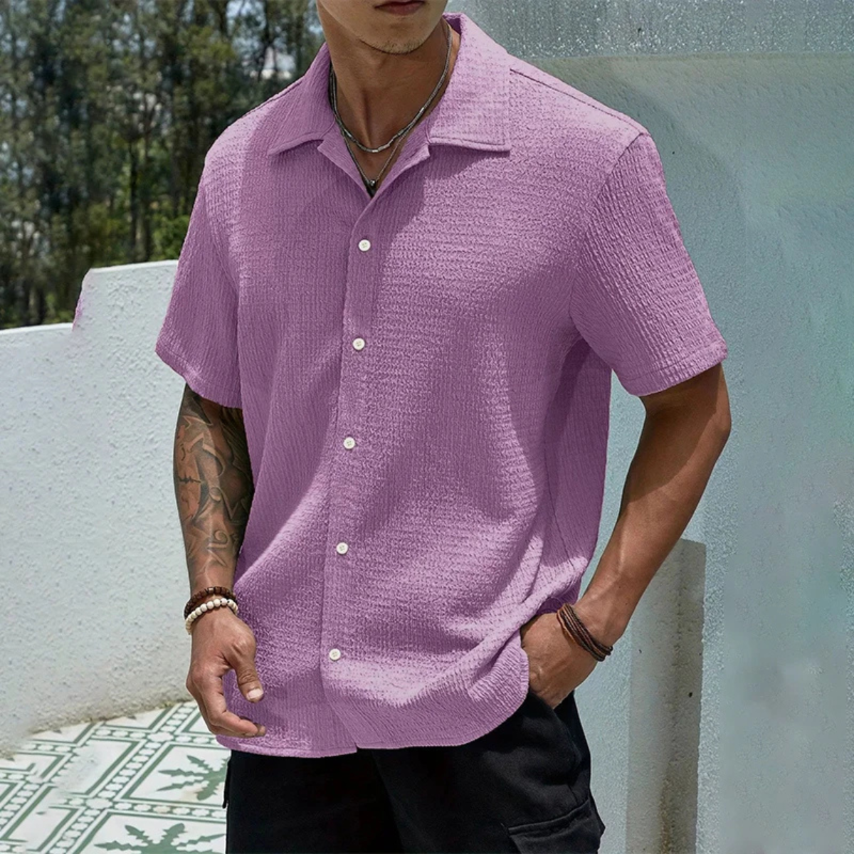 Callum | Men's White Textured Camp Collar Shirt
