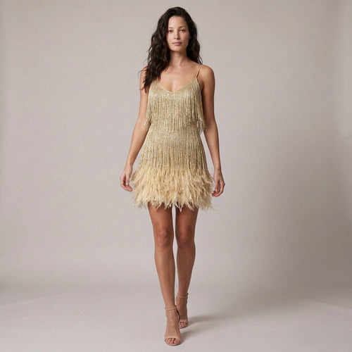 Dama Washington Ada fringe cocktail mini dress Gold - full outfit model view