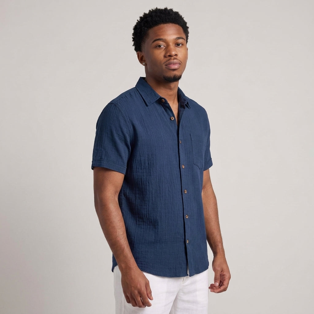 Dama Washington Silas short sleeve linen button up shirt Navy Blue - model front view