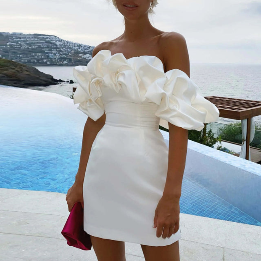 Demi | Women's Off Shoulder Ruffle White Mini Dress