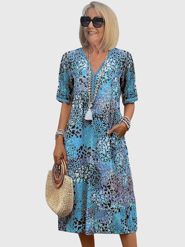 Wren | Women's Floral Midi Dress V Neck Three Quarter Sleeve