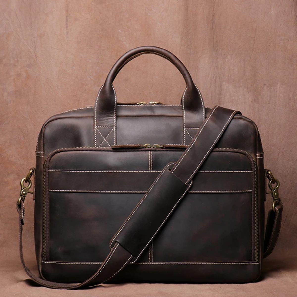 Dama Washington Cassis men's vintage leather laptop briefcase dark brown - front view