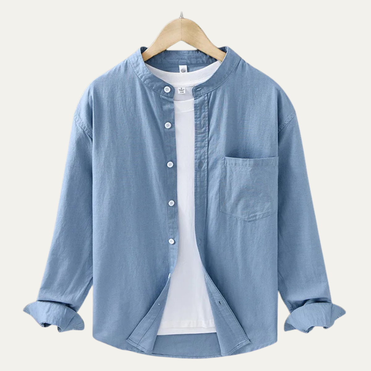 Otto | Men's Casual Linen Button Up Shirt Cream Mandarin Collar