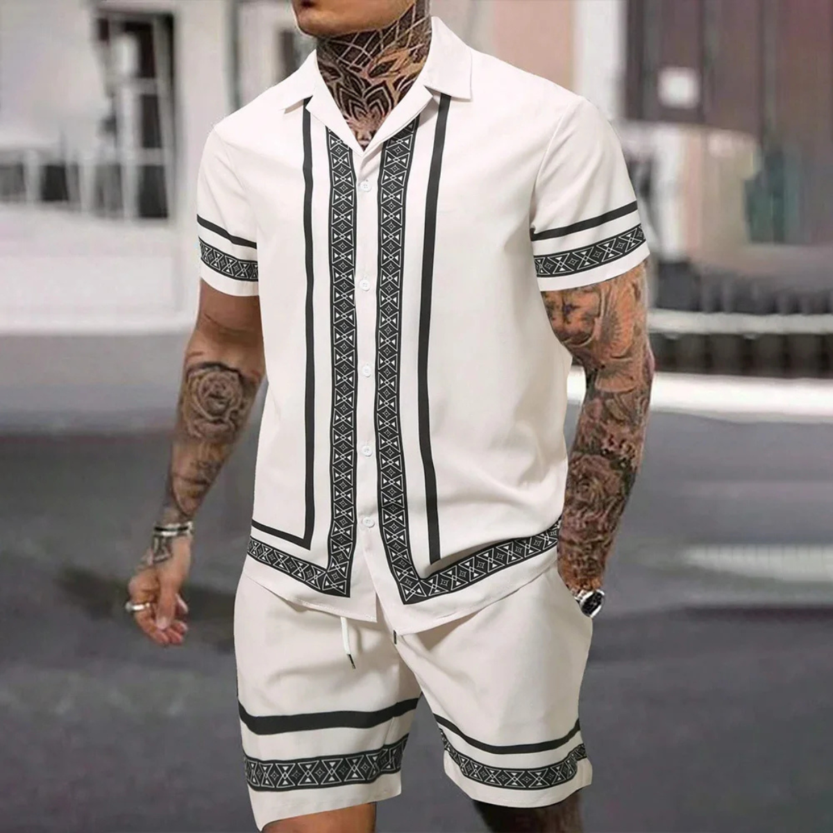 Axel | Men's Matching Set Cream Geometric Pattern Short Sleeve