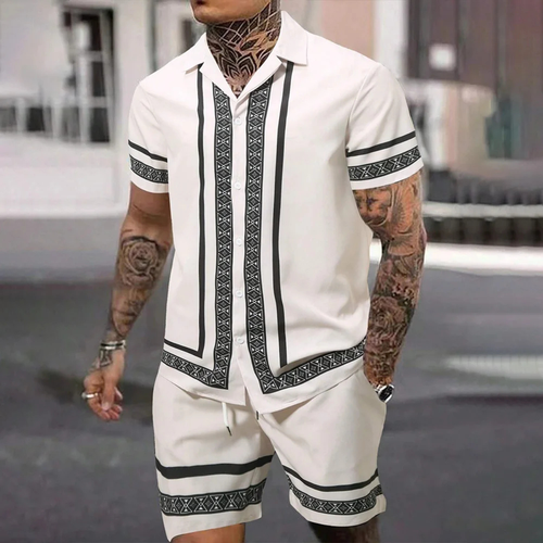 Dama Washington Axel men's matching set cream geometric pattern short sleeve - front view