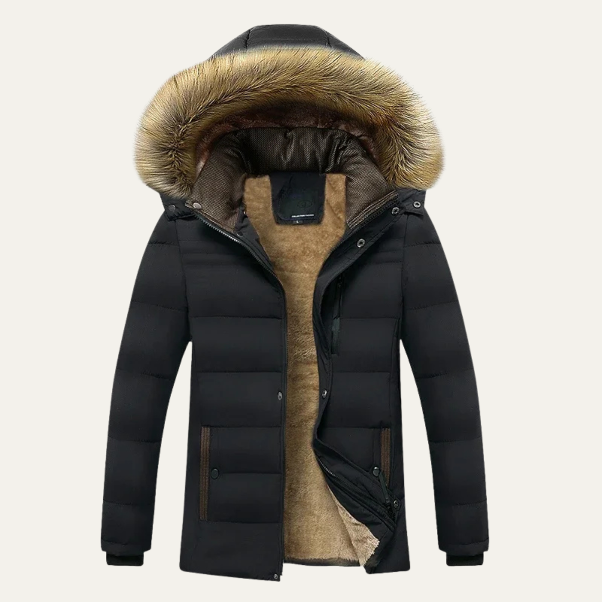 Ash | Men's Puffer Jacket Black Faux Fur Hooded Winter Coat