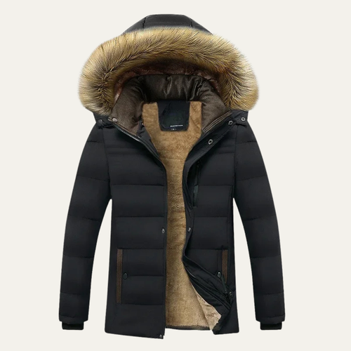 Dama Washington Ash men's puffer jacket black faux fur hooded winter coat - front view