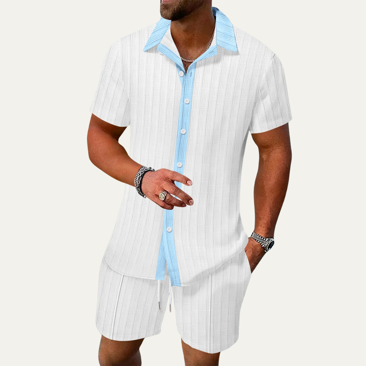 Axel | Men's Casual Textured Short Sleeve Shirt Shorts Set Pink