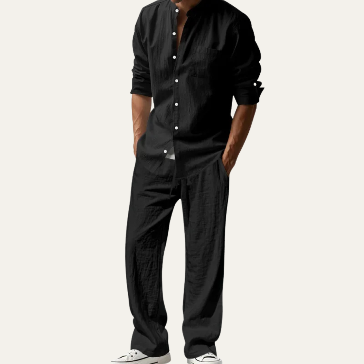 Sage | Men's Linen Lounge Set Cream Button Up Shirt Wide Leg Pants