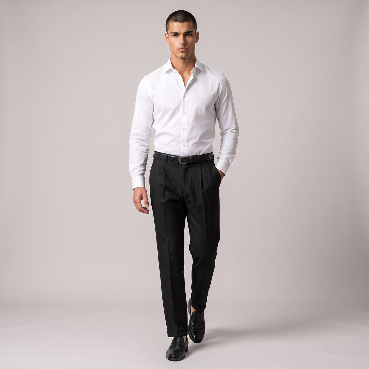 Dama Washington Callum men's black pleated dress pants - full outfit model view