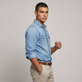 Dama Washington Bram men's denim shirt light blue long sleeve button up - model front view