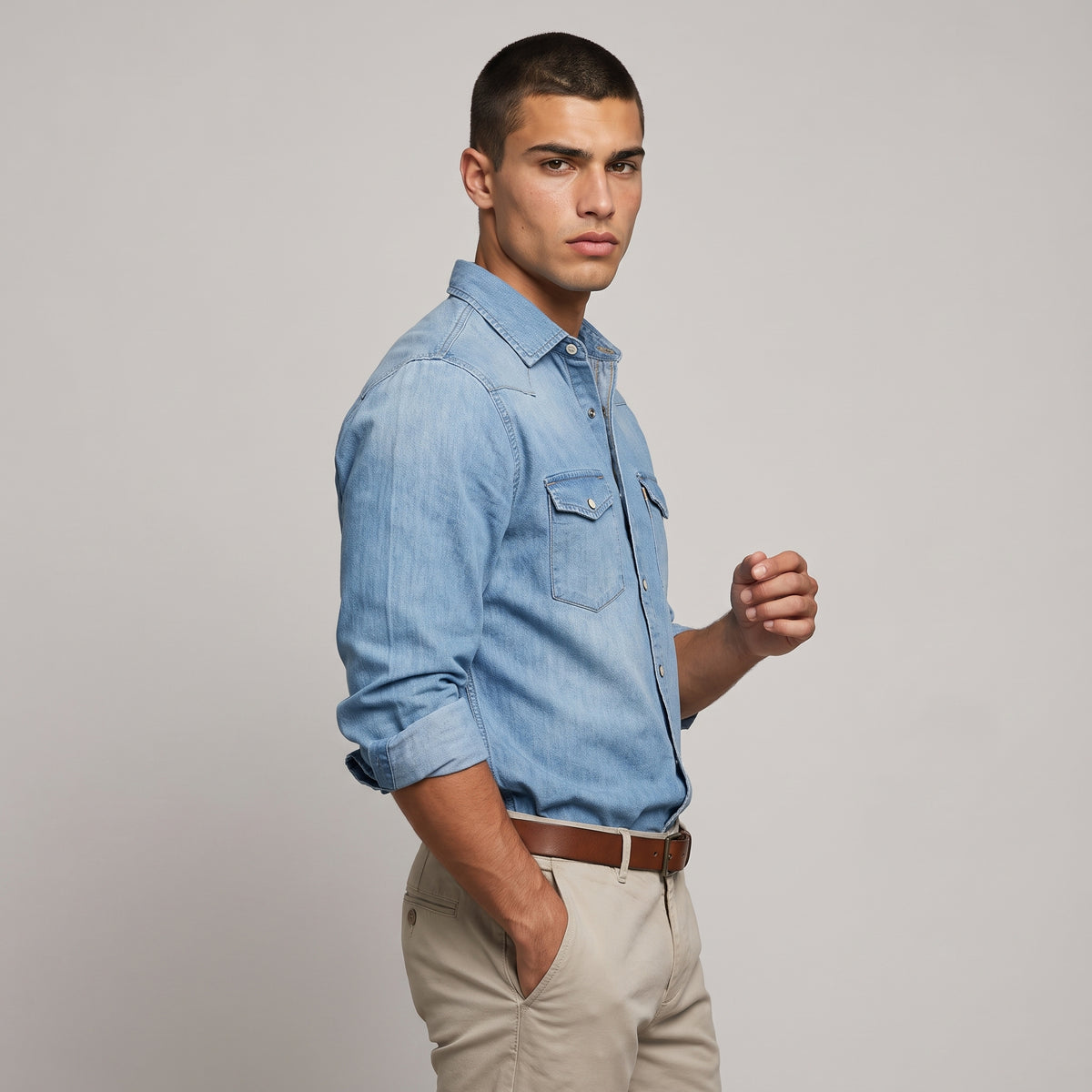 Dama Washington Bram men's denim shirt light blue long sleeve button up - model front view