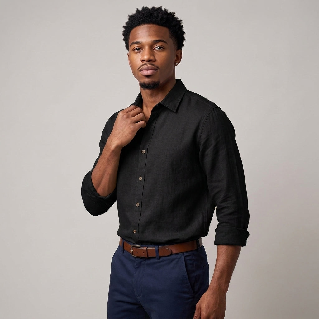 Dama Washington Sage long sleeve linen shirt Black - model front view