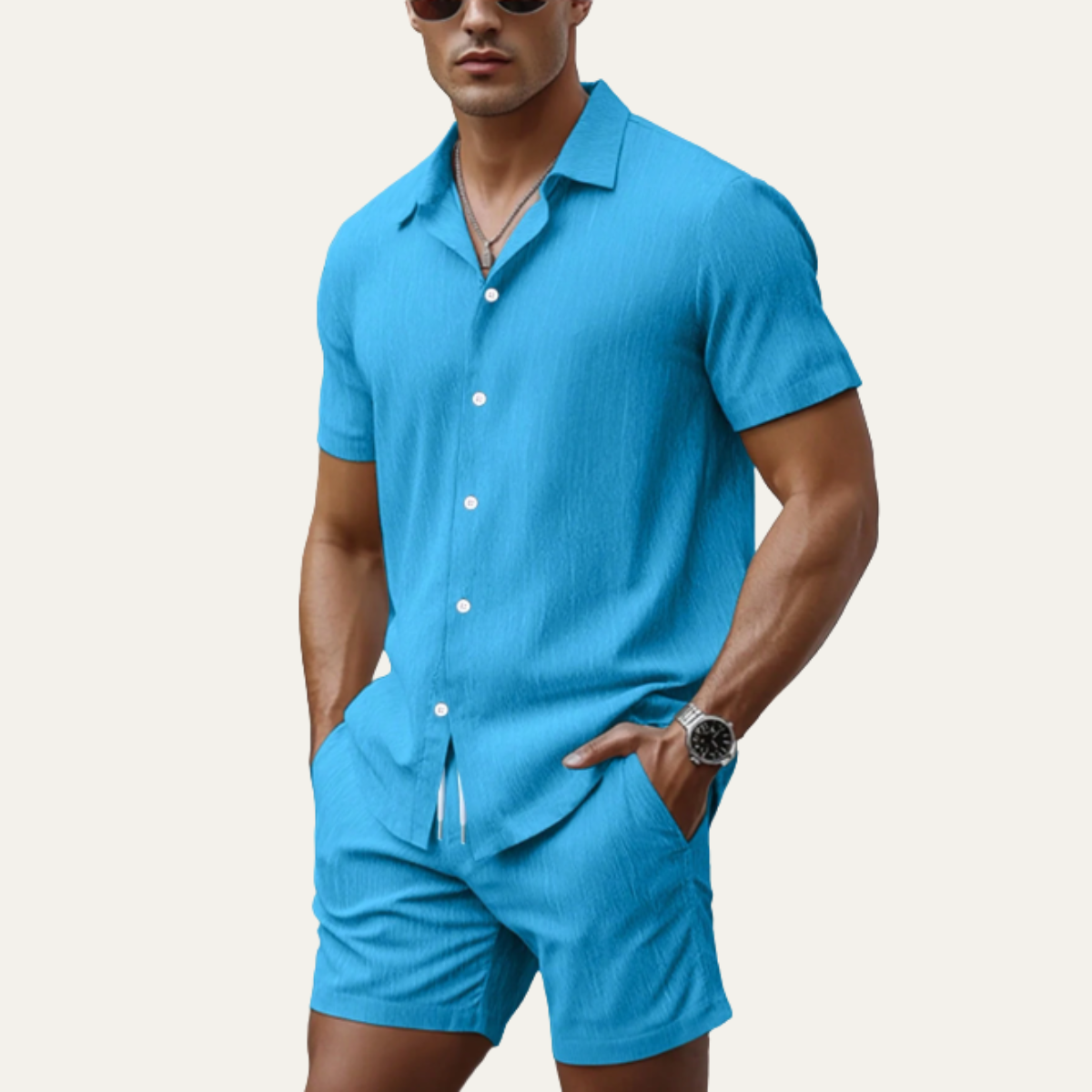 Roan | Men's Casual Linen Button Up Shorts Set Cream