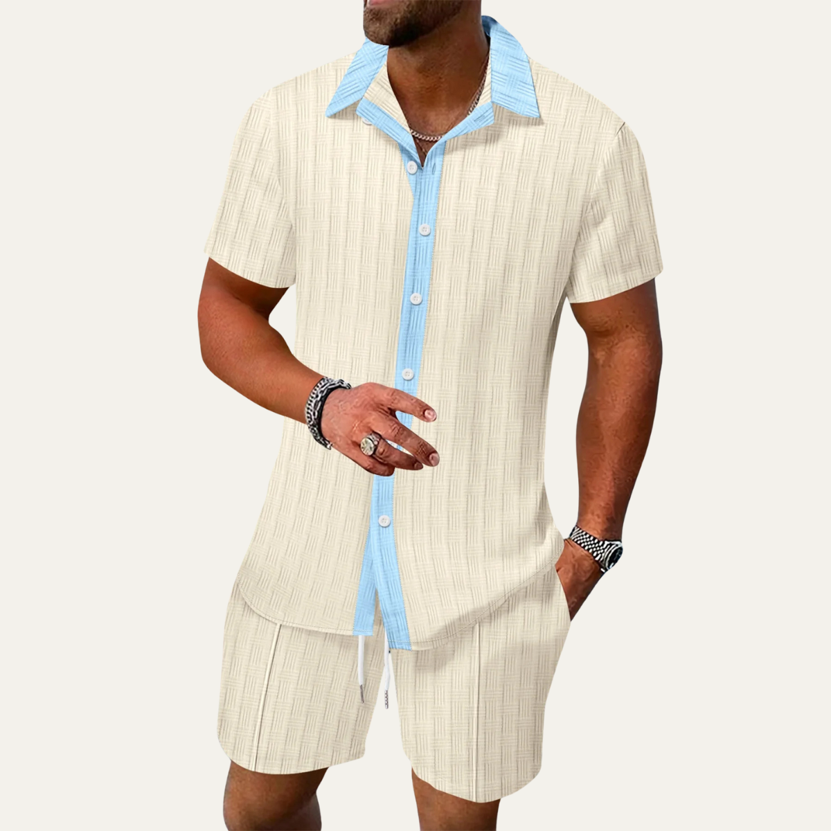 Axel | Men's Casual Textured Short Sleeve Shirt Shorts Set Pink