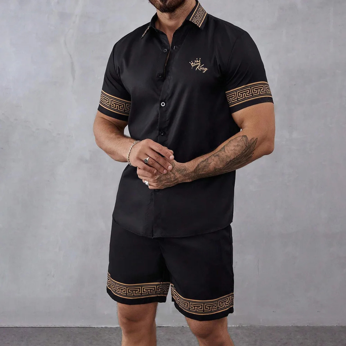 Axel | Men's Matching Set Cream Geometric Pattern Short Sleeve