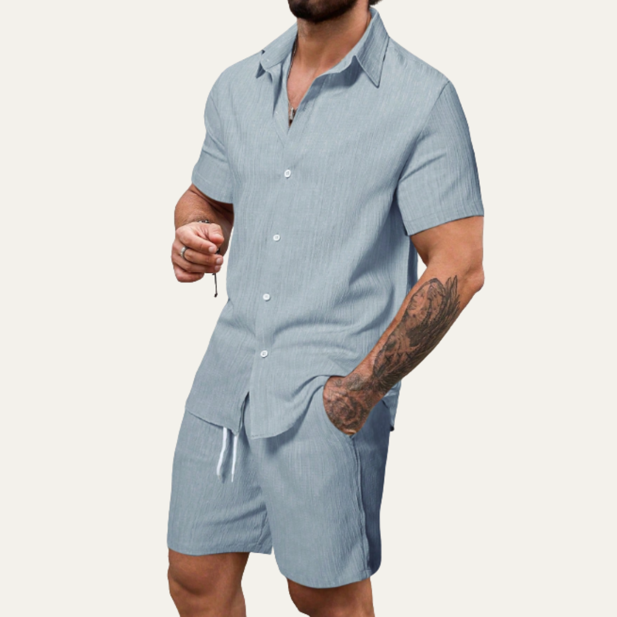 Roan | Men's Casual Linen Button Up Shorts Set Cream