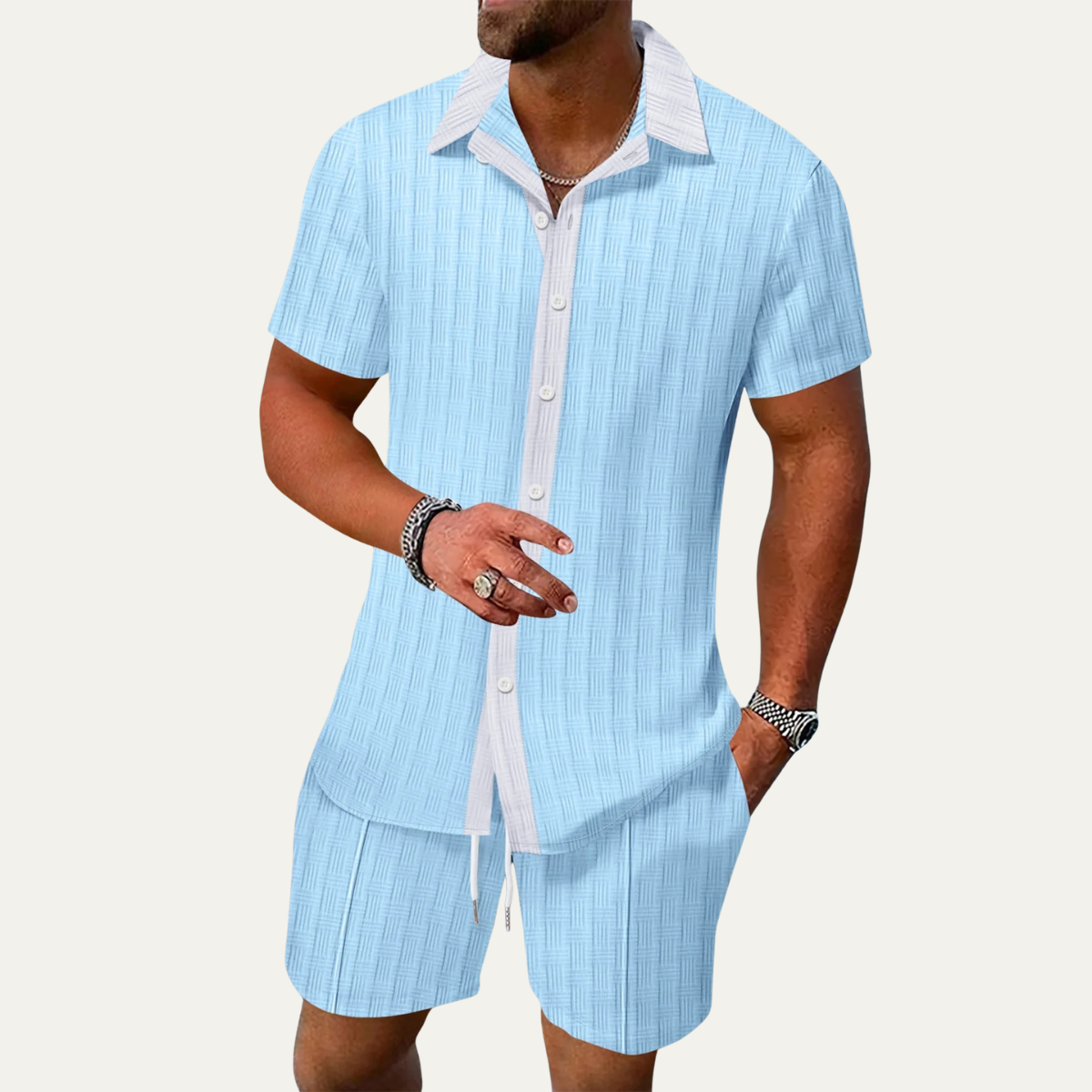 Axel | Men's Casual Textured Short Sleeve Shirt Shorts Set Pink