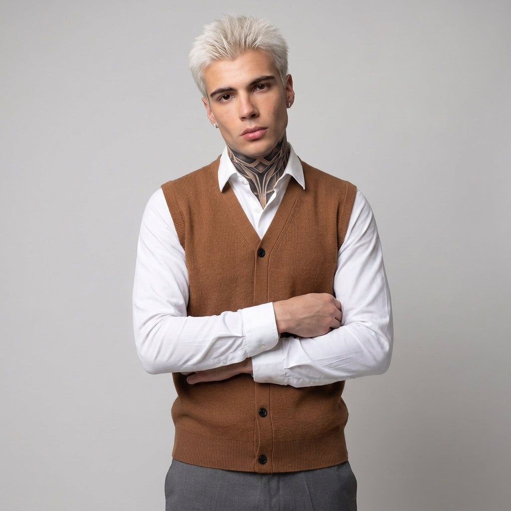 Dama Washington Beau button up V neck sweater vest Brown - model front view